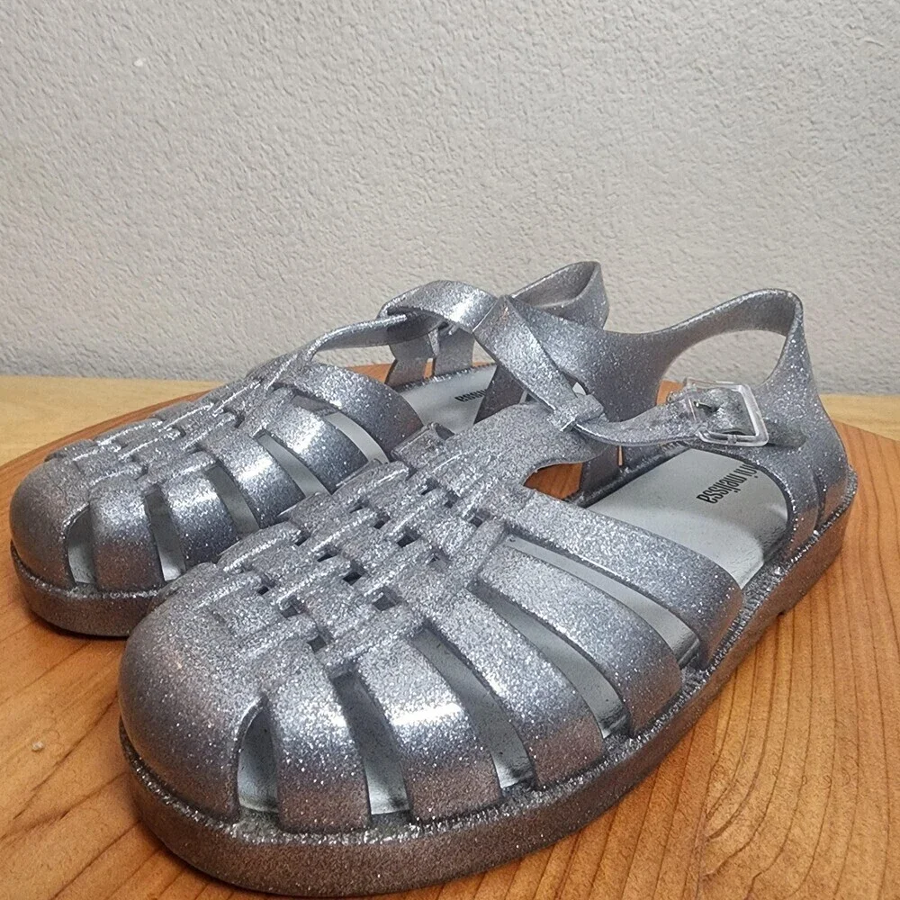 Mini Melissa Sandals Girls Size 3 Silver Glitter Jelly Fisherman Shoes 10GR23BR